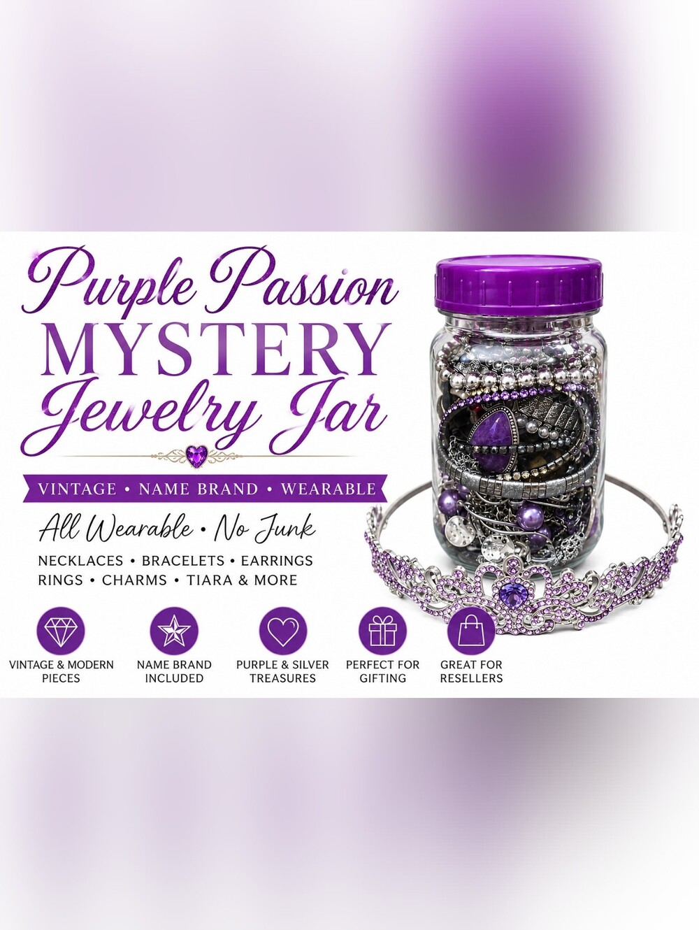 Purple Passion Mystery Jewelry Jar Vintage Name Brand Wearable Jewelry Lot